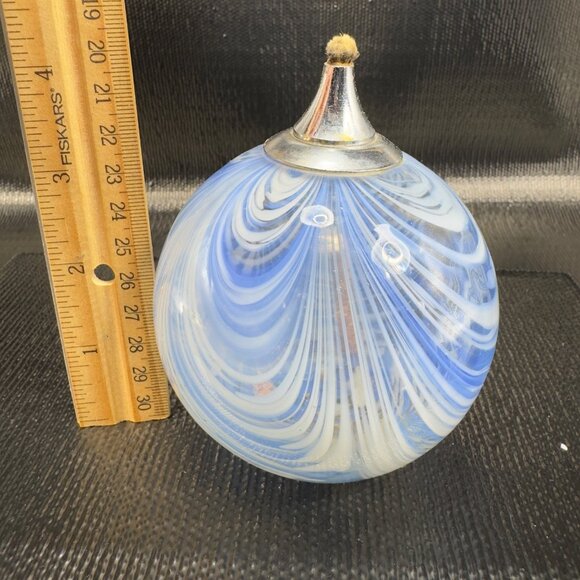 Vintage Pulled Feather Art Glass Oil Lamp Container Orb Blue White Dot Container - Picture 2 of 11